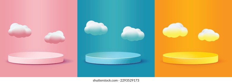 Set von abstraktem 3D-Orange-, Rosa-, Blau- und Rosa-Zylinder-Podium mit kreisförmigem Hintergrund . Moderne Vektorgrafik-Plattform für die Produktpräsentation. mit Wolken