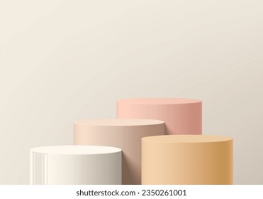 Set of abstract 3D pastel pink and cream cylinder pedestal podium background. Cosmetic mockup product display presentation. Minimal wall scene. Round stage showcase. Platforms vector geometric design.