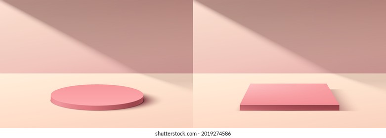 Set of abstract 3D pink cylinder and cube pedestal podium with pastel pink minimal wall scene in shadow. Collection of vector rendering geometric platform for cosmetic product display presentation.