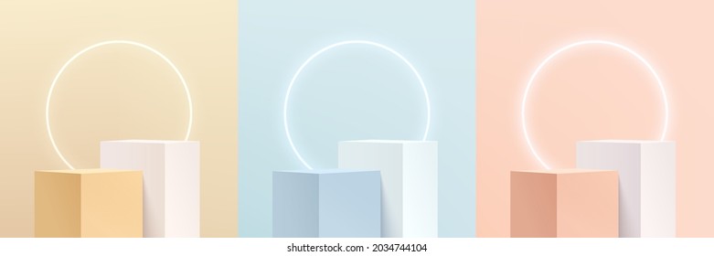 Set of abstract 3D pink, yellow, blue and white cube pedestal or stand podium with illuminate circle neon. Pastel minimal scene collection. Vector rendering platform for product display presentation. 
