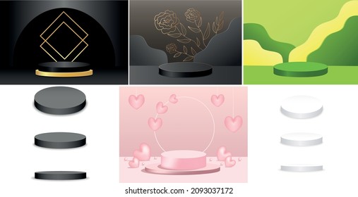 Set of abstract 3d podiums with geometric forms. Product, presentation, mockup. Vector illustration.