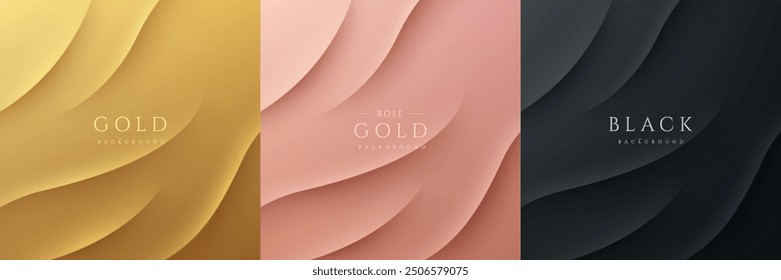 Conjunto de rizos abstractos 3D rayas patrón de textura en oro, oro rosa, fondo negro. Textura de líneas 3D de onda curva con escena de pared de luz y sombra. Diseño de Anuncio de Plantilla lujoso y elegante.