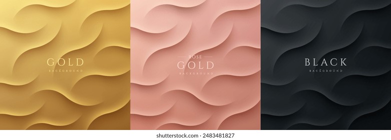 Set of abstract 3D ripples texture pattern on golden, pink gold, black background. Curve wave 3D lines texture with light and shadow wall scene. Luxury and elegant template design. Vector EPS10.