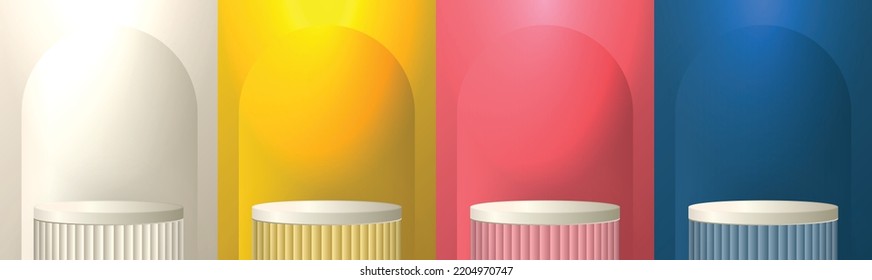 Set of abstract 3D room with beige, yellow, rose gold, dark blue realistic cylinder podium and arch shape background. Scene for product display presentation. Vector illustration EPS10.