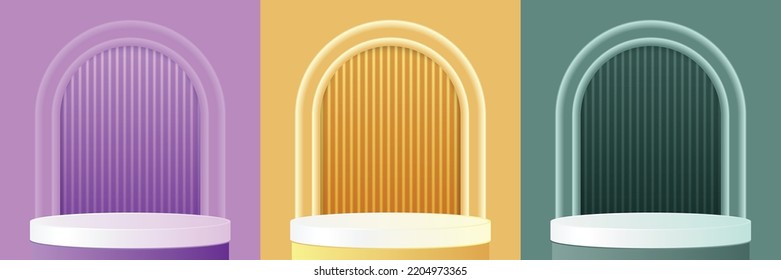 Conjunto de habitación 3D abstracta con podio de cilindro morado, amarillo, verde oscuro realista y fondo de forma arco. Escena para presentación de productos. Ilustración del vector EPS10.