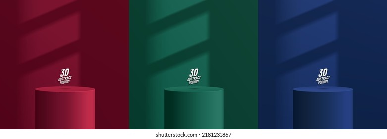 Conjunto de habitación 3D abstracta con base de cilindro realista o podio. Formas geométricas vectoriales rojas, verdes y azules con superposición de sombra de ventana. Productos de simulación de escena mínima, escaparate de escenario, pantalla de promoción.