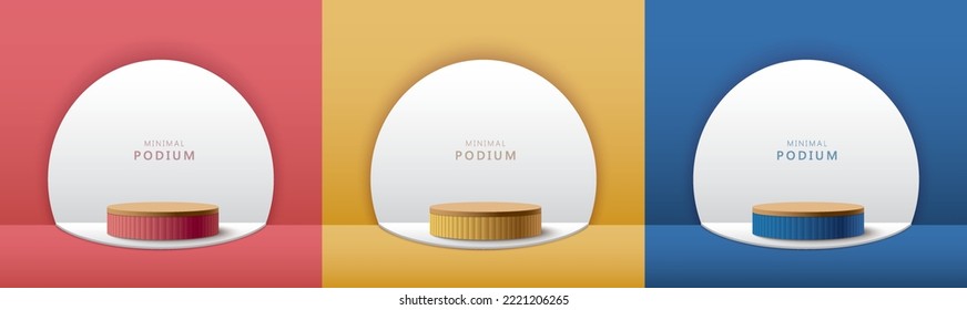 Set of abstract 3D room with realistic cylinder pedestal stand podium. Minimal scene for product display presentation. Vector geometric platform. Stage for showcase.