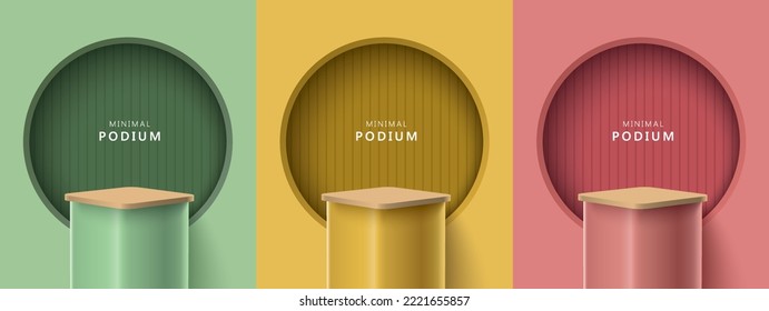 Set of abstract 3D room with realistic cylinder pedestal stand podium. Minimal scene for product display presentation. Vector geometric platform. Stage for showcase.