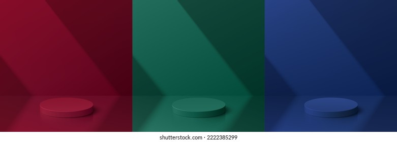 Set of abstract 3D room with realistic cylinder pedestal podium. Red, Green, Blue vector geometric forms with lighting shadow overlay. Minimal scene mockup products, Stage showcase, Promotion display.