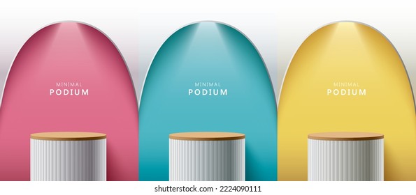 Set of abstract 3D room with realistic cylinder pedestal stand podium. Minimal scene for product display presentation. Vector geometric platform. Stage for showcase.