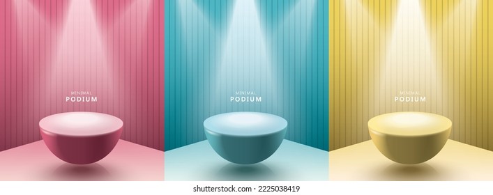 Set von abstraktem 3D-Raum mit realistischem Zylinderschacht-Standpodium. Minimale Szene für die Produktpräsentation. Geometrische Vektorplattform. Stufe für die Präsentation.