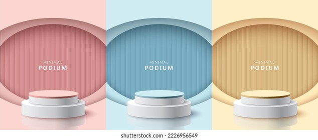 Set of abstract 3D room with realistic cylinder pedestal stand podium. Minimal scene for product display presentation. Vector geometric platform. Stage for showcase.