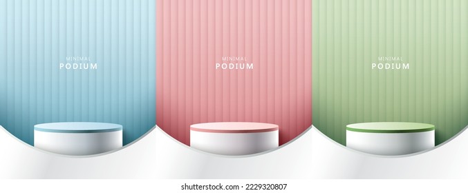 Set of abstract 3D room with realistic cylinder pedestal stand podium. Minimal scene for product display presentation. Vector geometric platform. Stage for showcase.