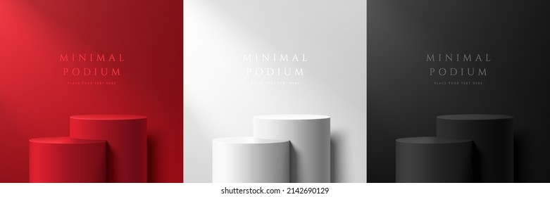 Set of abstract 3D room with white, dark red and black realistic steps cylinder pedestal podium. Vector rendering geometric forms design. Minimal scene. shadow. Stage showcase, Mockup product display.