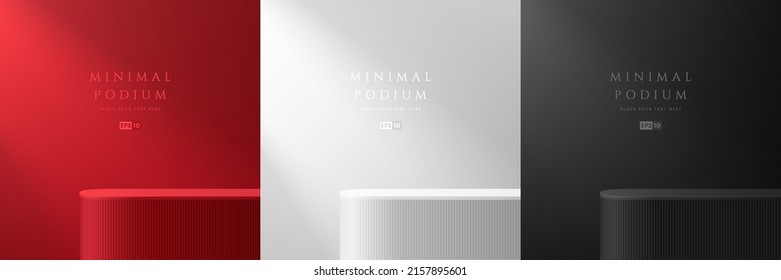 Set of abstract 3D room with white, red and black realistic round corner stand podium. Vertical lines texture. Vector rendering geometric forms. Minimal scene. Stage showcase, Mockup product display. - Shutterstock ID 2157895601