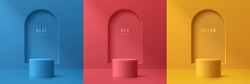 Set Of Abstract 3D Room With Yellow, Blue, Red Realistic Cylinder Podium. Vertical Line Texture In Arch Window. Vector Rendering Geometric Form. Mockup Product Display. Minimal Scene. Stage Showcase.