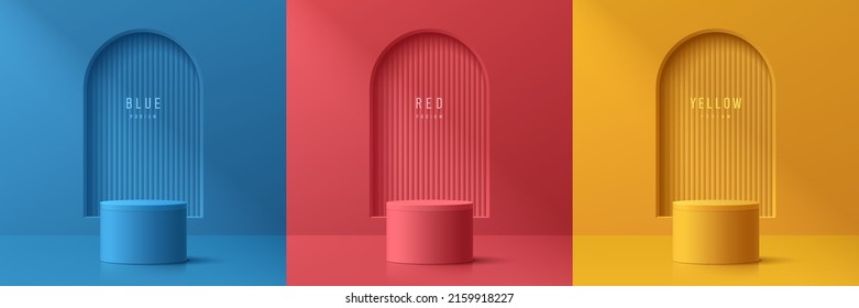 Set of abstract 3D room with yellow, blue, red realistic cylinder podium. Vertical line texture in arch window. Vector rendering geometric form. Mockup product display. Minimal scene. Stage showcase. - Shutterstock ID 2159918227