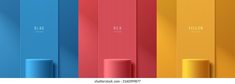 Set Of Abstract 3D Room And Yellow, Blue, Red Realistic Cylinder Podium With Vertical Line Texture Background. Vector Rendering Geometric Form. Mockup Product Display. Minimal Scene. Stage Showcase