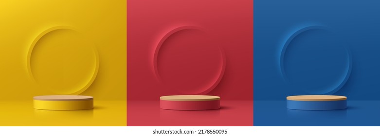 Set of abstract 3D room with yellow, dark blue and red realistic cylinder pedestal podium. Minimal round scene with light and shadow. Stage showcase, Mockup product display. Vector geometric forms.