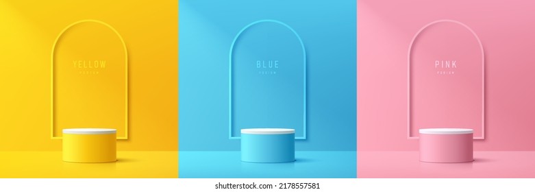 Set of abstract 3D room with yellow, blue, pink, white realistic cylinder podium. Line arch shape on the wall. Vector rendering geometric form. Mockup product display. Minimal scene. Stage showcase.