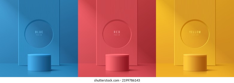 Set of abstract 3D room with yellow, blue, red realistic cylinder podium. Vertical line texture and circle window on wall. Vector geometric form. Mockup product display. Minimal scene. Stage showcase.