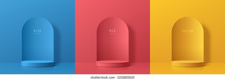 Set of abstract 3D room with yellow, blue, red realistic cylinder pedestal podium. Arch shape scene background. Vector geometric forms. Mockup product display. Minimal wall scene. Stage for showcase.