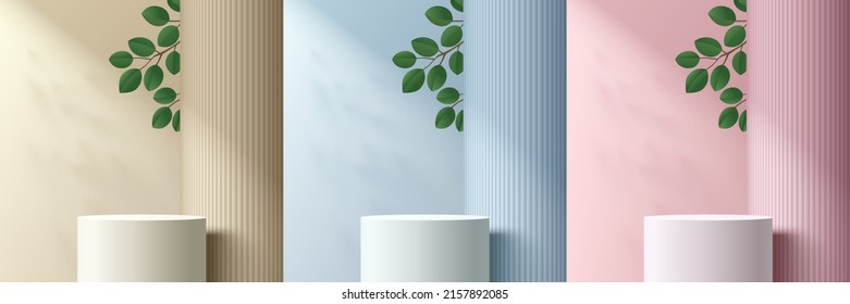 Set von abstrakten 3D-Räumen mit realistischen weißen Zylinder stehen Podium und runde Säule, grünes Blatt. Geometrische Vektorformen. Minimale Szene in Beige, Blau und Rosa. Stage-Showcase, Produktanzeige.