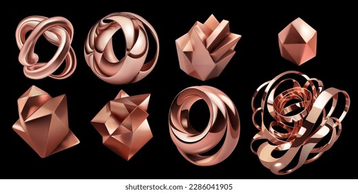 Set of abstract 3d shapes in bronze colors on a black background