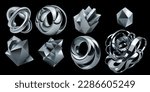 Set of abstract 3d shapes in silver colors on a black background