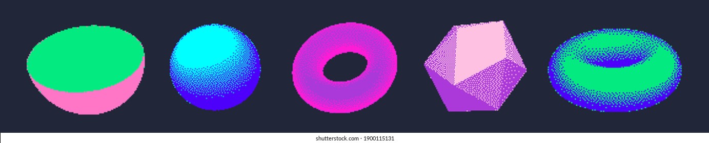 Set of abstract 3D shapes: sphere, torus and icosahedron. Vaporwave and retrowave pixel art style illustration in neon vivid colors.