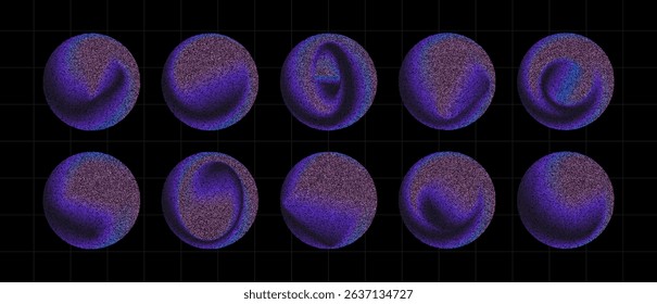 Set of abstract 3D shapes in vector stippling style. Colorful dotted spheres with gradient shading on dark grid background. Futuristic, textured elements for digital design.
