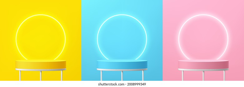 Set of abstract 3d shelf or stand podium on yellow, blue, pink wall scene pastel color with neon ring background. Vector rendering geometric shape design for cosmetic product display presentation.