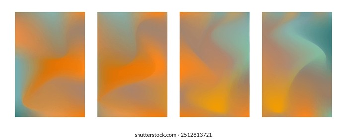 Conjunto de planos de fundo de gradiente de malha em laranja e azul-petróleo com brilho 3d abstrato. Ilustrações de aquarela digital de borrão ondulado brilhante para design de tecnologia na Web, banner de negócios, cartaz moderno, impressão