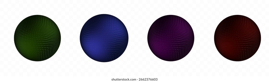 A set of abstract 3D spheres with a grid surface in the form of dots in green, blue, purple and red. Each ball has smooth gradients, a curved grid and floats on a transparent background.