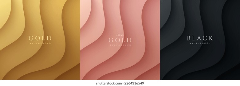 Set of abstract 3D waves ripples layers pattern on golden, pink gold, black background. Curve topography contour lines texture with light and shadow. Luxury and elegant template design. Vector EPS10.
