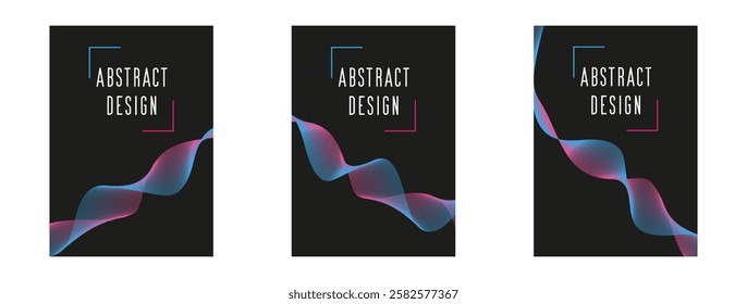 Set of abstract 3D wavy design black backgrounds, vector illustration. Dark backdrop with smooth blue and pink gradient waves, perfect for business, technology, or web flyer template design.