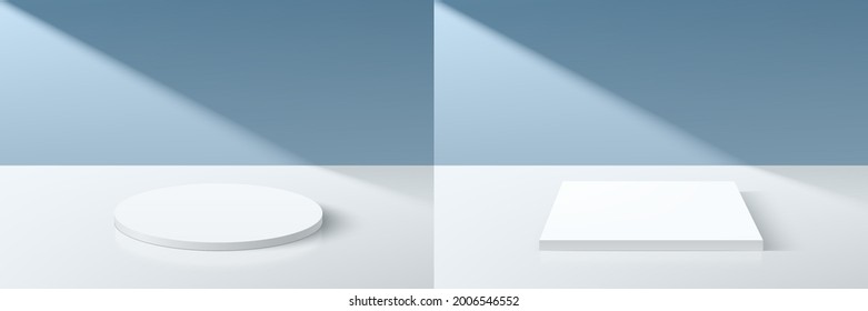 Set of abstract 3D white cylinder and cube pedestal podium with pastel blue minimal wall scene in shadow. Collection of vector rendering geometric platform for cosmetic product display presentation.