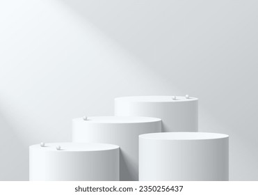 Set of abstract 3D white cylinder pedestal podium background with sphere ball or beads. Mockup product display presentation. Minimal wall scene. Stage showcase. Platforms vector geometric design.