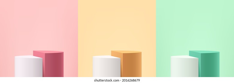 Set of abstract 3D white, pink, yellow, green cylinder pedestal podium with minimal wall scene pastel color for product display presentation. Vector geometric rendering platform. Studio room style.