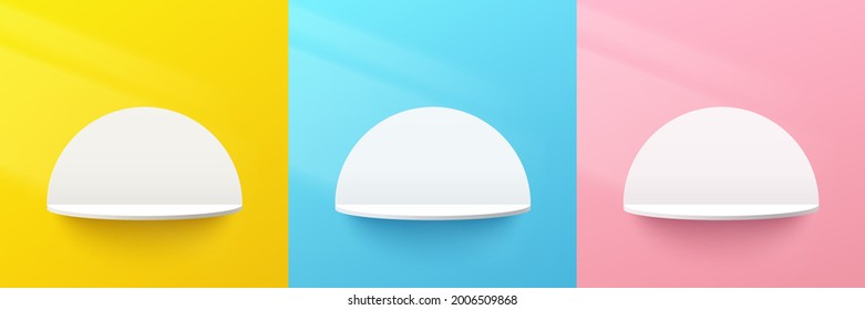 Set of abstract 3d white semi circle shelf or podium on yellow, blue, pink pastel color wall scene with circle backdrop. Vector rendering geometric shape for cosmetic product display presentation.