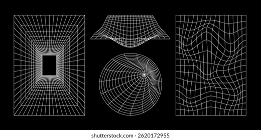 Conjunto de formas de grade de wireframe 3D abstratas em fundo preto, desenhos de ilusões ópticas geométricas com túnel, esfera e superfície ondulada para arte digital, ciência ou imagens técnicas