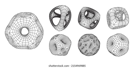 Set of abstract 3d wireframe shapes or elements with smooth corners and holes. Scientific and geometric abstraction with deformed plationic forms