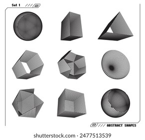 Set of abstract 3d wireframe shapes or elements with open edges. Scientific and geometric abstraction with deformed shapes.