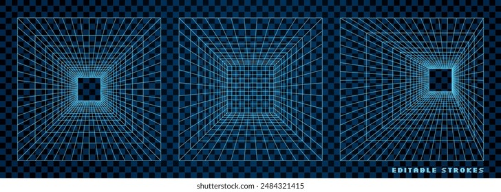 Set of abstract 3D wireframe tunnels at checkered grid background. The geometric portal designs in a Y2K retro aesthetic with futuristic and digital elements.