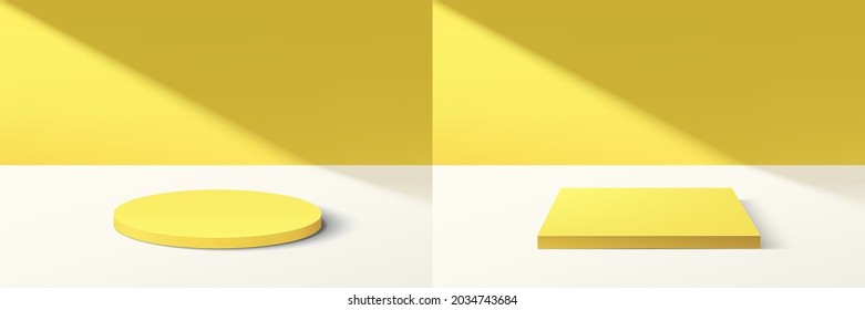 Set of abstract 3D yellow cylinder and cube pedestal podium with bright yellow minimal wall scene in shadow. Collection of vector rendering geometric platform for cosmetic product display presentation