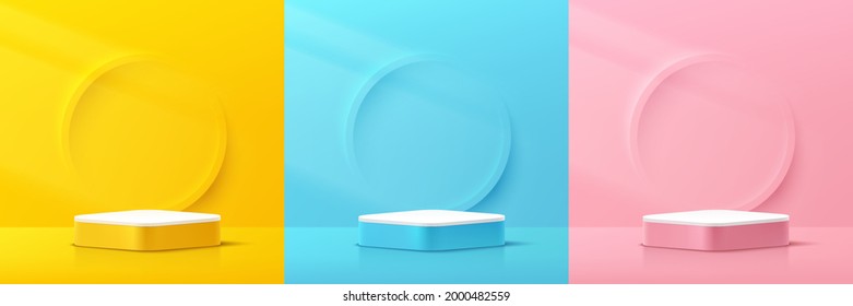 Set of abstract 3D yellow, pink, blue, white round corner cube pedestal podium with circle emboss texture wall scene. Pastel room collection. Modern vector rendering for product display presentation.