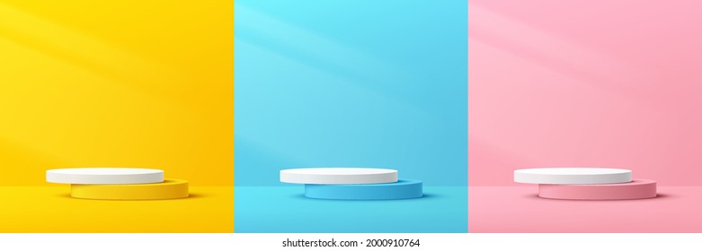 Set of abstract 3D yellow, pink, blue and white cylinder pedestal podium with lighting. Pastel minimal scene collection. Modern vector rendering geometric platform for product display presentation. 