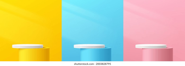 Conjunto de pedestal o podio de cilindros abstractos 3D amarillo, rosa, azul y blanco con iluminación. Colección de escenas de pared mínima de Pastel. Plataforma geométrica de representación vectorial para presentación de productos.