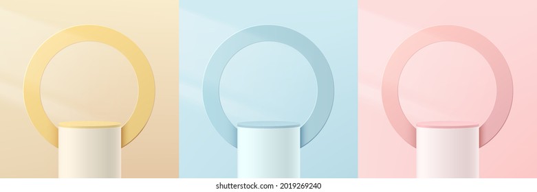 Set of abstract 3D yellow, pink, blue and pink cylinder pedestal podium with circle backdrop. Pastel minimal wall scene collection. Modern vector rendering platform for product display presentation. 