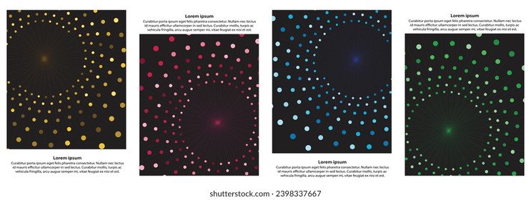Set of abstract 4-color circle halftone spiral shapes on dark background. Vector illustration.
